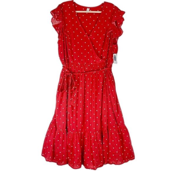 Old Navy Surplice Wrap Front Midi Dress Red Dots Size XXL NWT Tie Waist - Picture 5 of 13